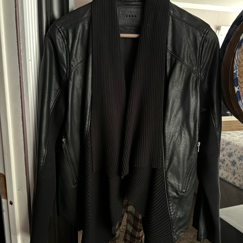 BlankNYC faux leather jacket with knit drape in the front